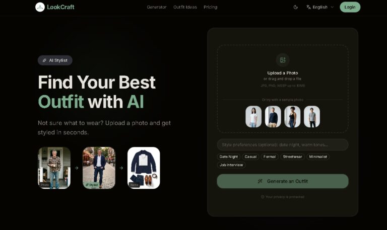 LookCraft.io generando outfit completo estilizado desde una foto selfie – herramienta IA para recomendaciones de moda personalizadas con enlaces compra