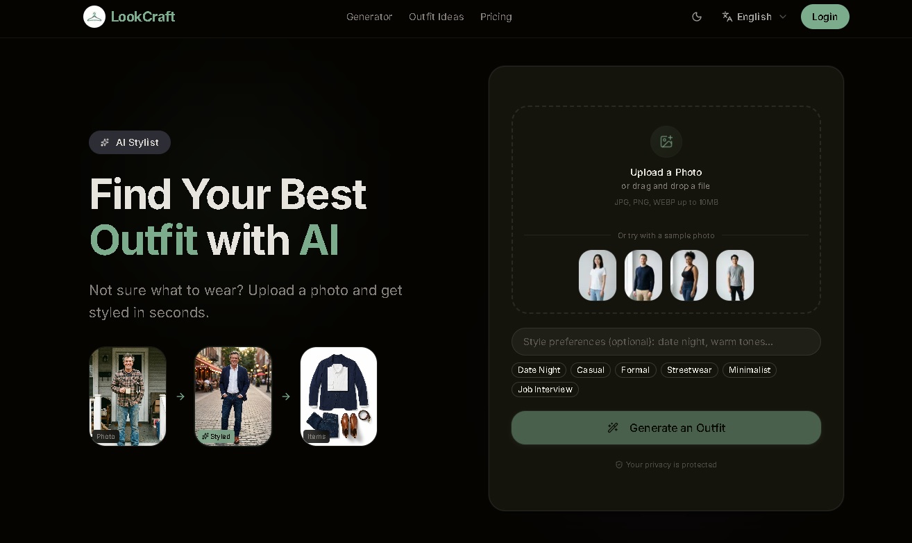 LookCraft.io generando outfit completo estilizado desde una foto selfie – herramienta IA para recomendaciones de moda personalizadas con enlaces compra