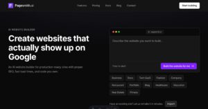 Pagesmith.ai generando página web profesional completa desde una descripción – herramienta IA para crear sitios rápidos y atractivos.
