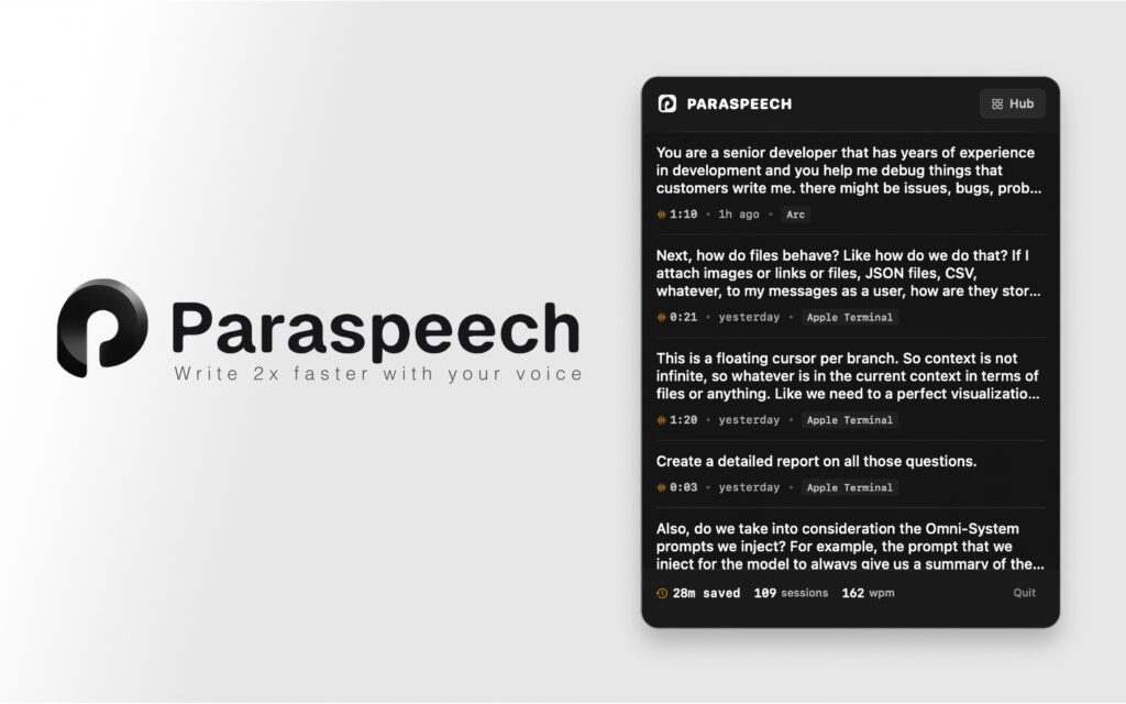 ParaSpeech – transcripción de voz offline ultrarrápida para macOS que funciona en cualquier aplicación con IA de reescritura automática.
