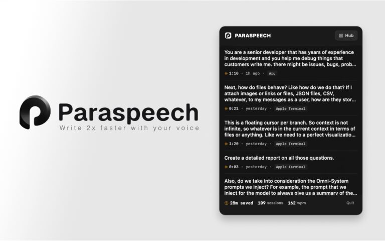 ParaSpeech – transcripción de voz offline ultrarrápida para macOS que funciona en cualquier aplicación con IA de reescritura automática.