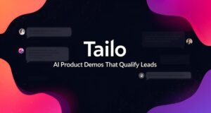 Tailo AI: agente IA con voz que realiza demos personalizadas de producto y cualifica leads automáticamente en el sitio web – interfaz de chat conversacional con burbujas de diálogo.