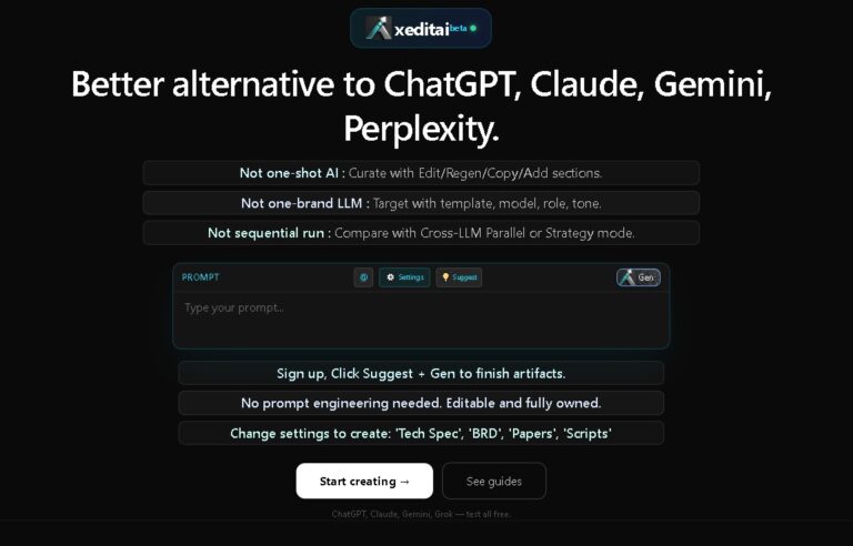 XEdit AI – workspace para crear documentos estructurados usando múltiples modelos IA (Claude, GPT, Gemini, Grok) en paralelo con edición rich-text