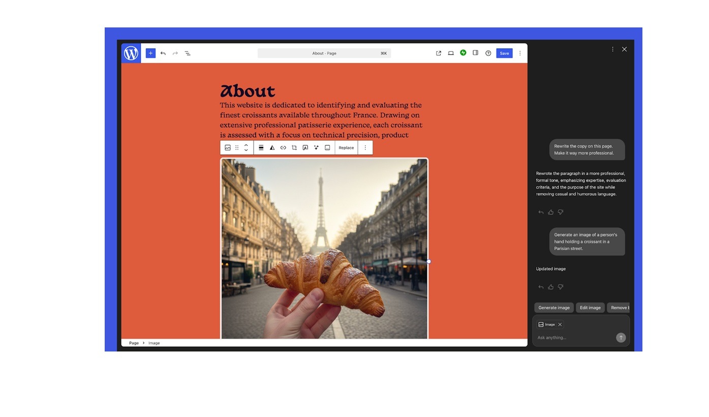 WordPress.com con asistente IA Gemini – edita diseño, texto y genera imágenes directamente en el editor – herramienta para crear webs más rápido.