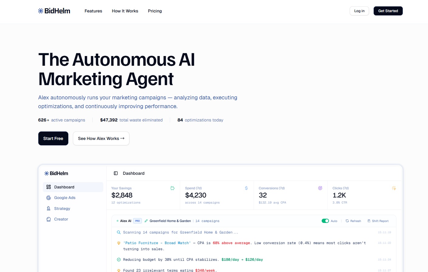 BidHelm – Alex, el agente IA autónomo que optimiza campañas de Google Ads 24/7, pausa perdedores y escala ganadores automáticamente