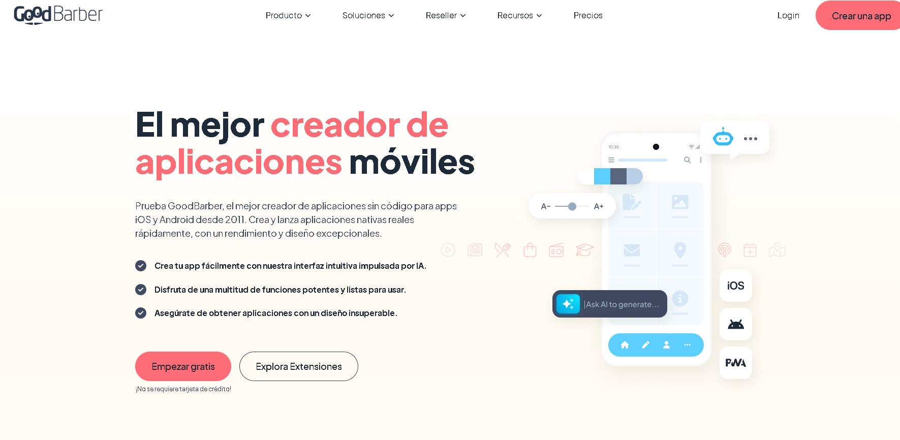 GoodBarber – creador de apps nativas iOS y Android sin código con IA y diseño profesional – herramienta para lanzar apps rápidamente.