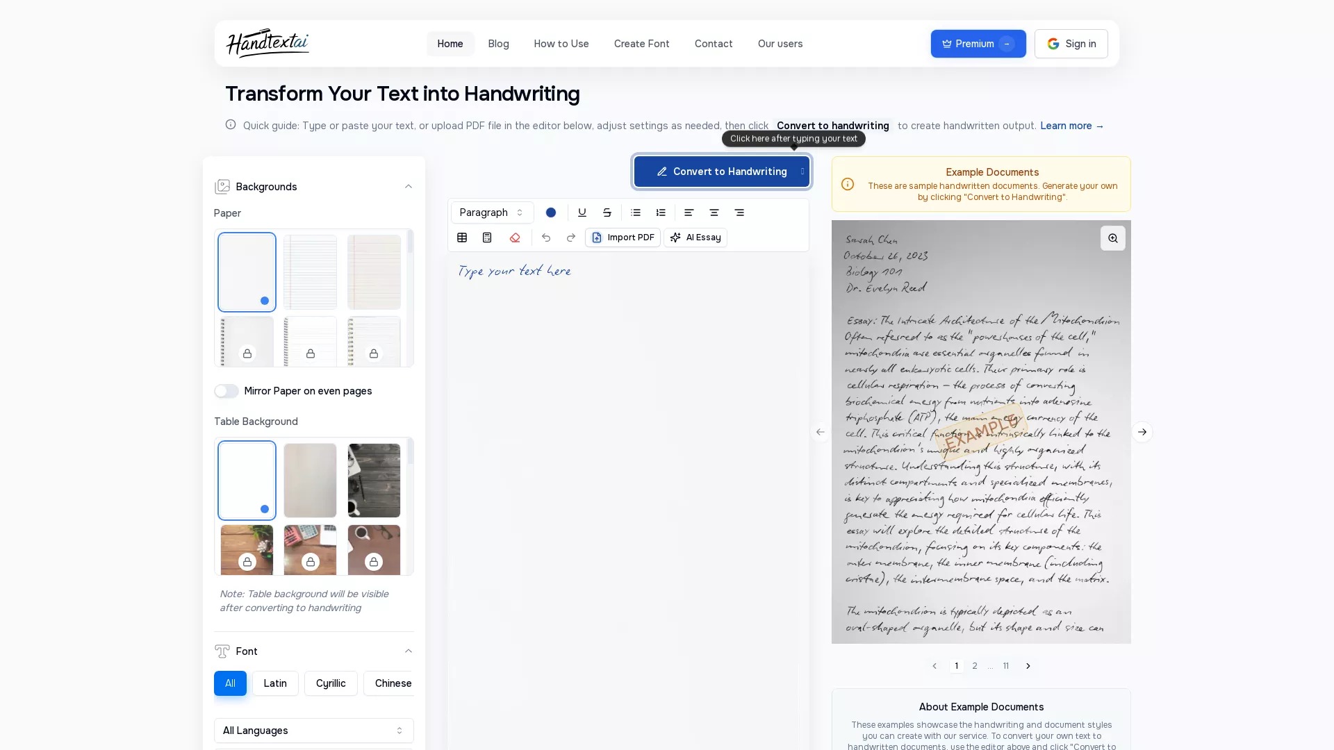 HandtextAI – convierte texto o PDF en escritura a mano realista con +90 fuentes y efectos – herramienta gratuita e ilimitada.