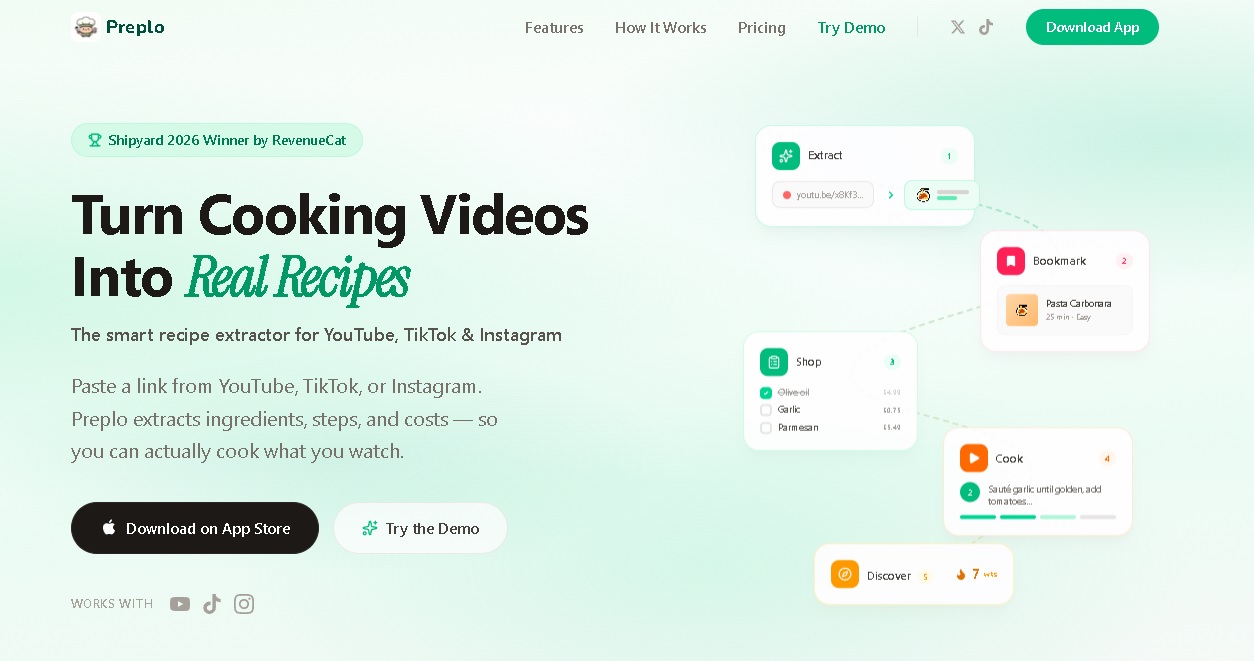 Preplo.app – convierte vídeos de cocina en recetas reales con IA – extrae ingredientes, pasos y adapta a dietas especiales.