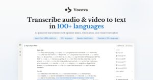 Vocova – herramienta IA para transcribir audio y video a texto en +100 idiomas con identificación de hablantes y traducción – gratis y rápida.
