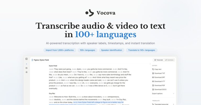 Vocova – herramienta IA para transcribir audio y video a texto en +100 idiomas con identificación de hablantes y traducción – gratis y rápida.