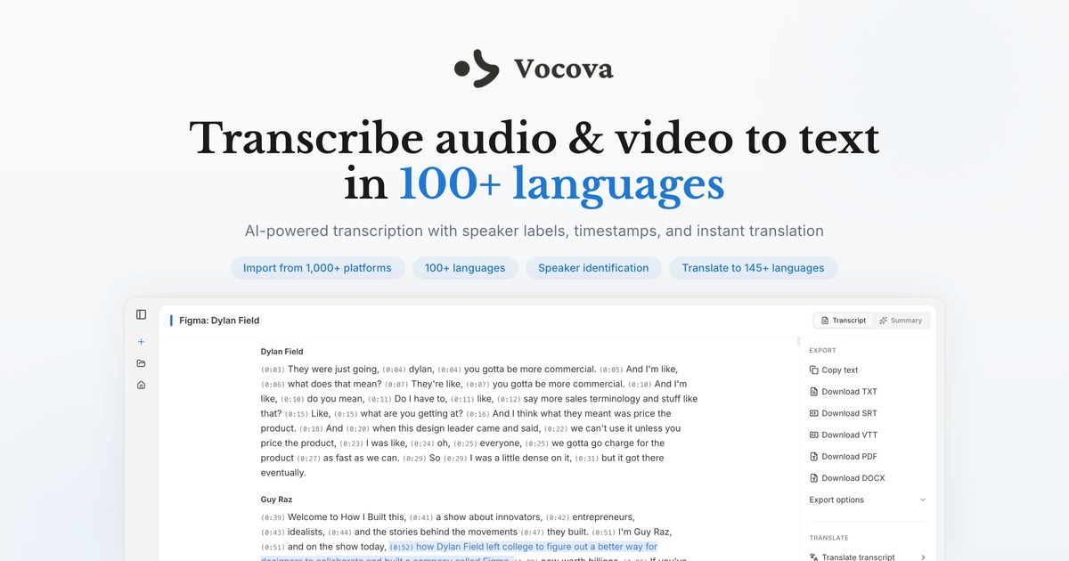 Vocova – herramienta IA para transcribir audio y video a texto en +100 idiomas con identificación de hablantes y traducción – gratis y rápida.
