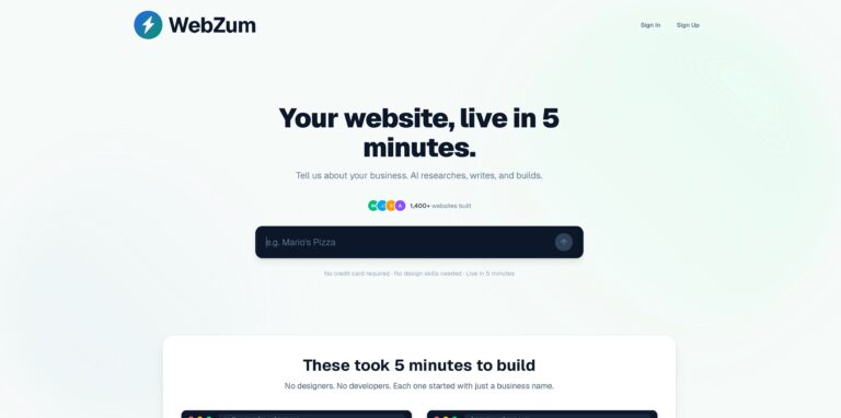 WebZum.com – creador de webs con IA que genera sitios profesionales para negocios en solo 5 minutos – sin diseñadores ni desarrolladores