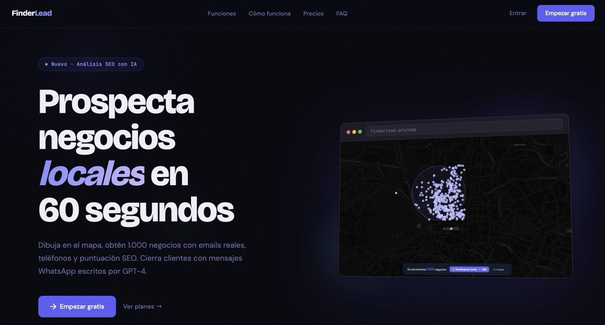 FinderLead.pro – herramienta IA para prospectar negocios locales dibujando en el mapa – obtén emails, teléfonos y análisis SEO en segundos