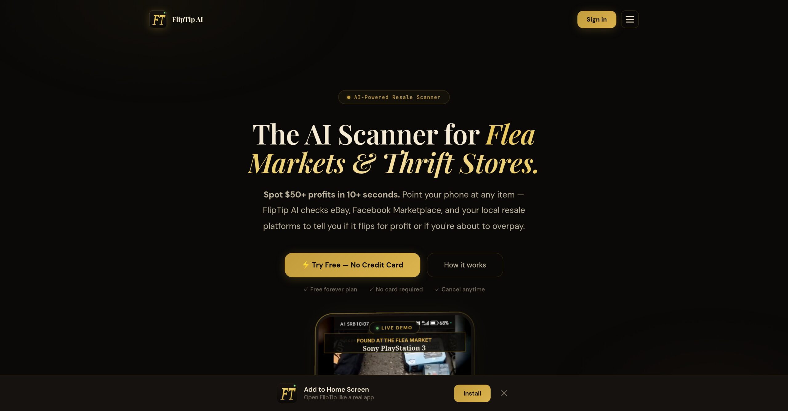 FlipTip AI - Escáner inteligente para encontrar flips rentables en flea markets y thrift stores