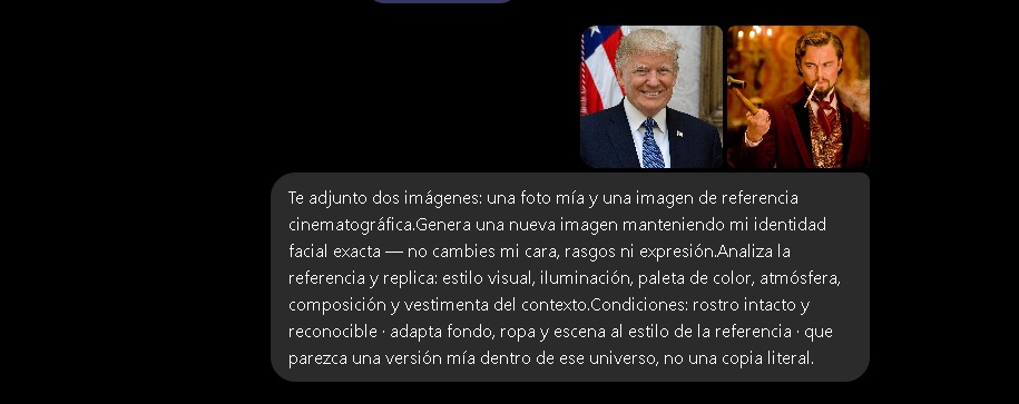 Prompt usado en ChatGPT para insertar cara en escenas de cine