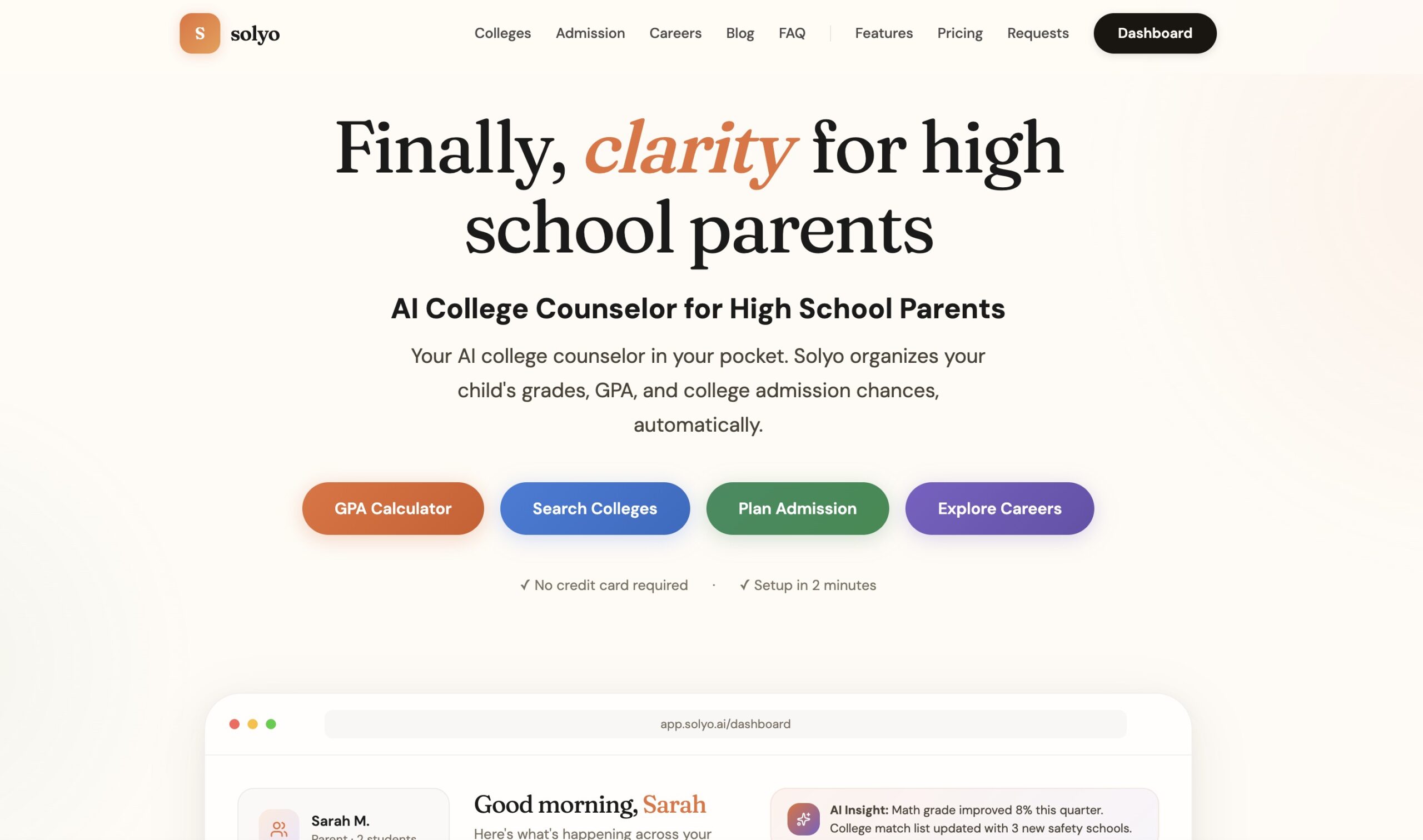 Solyo.ai – Asistente de IA para padres que organiza notas, GPA y admisiones universitarias.