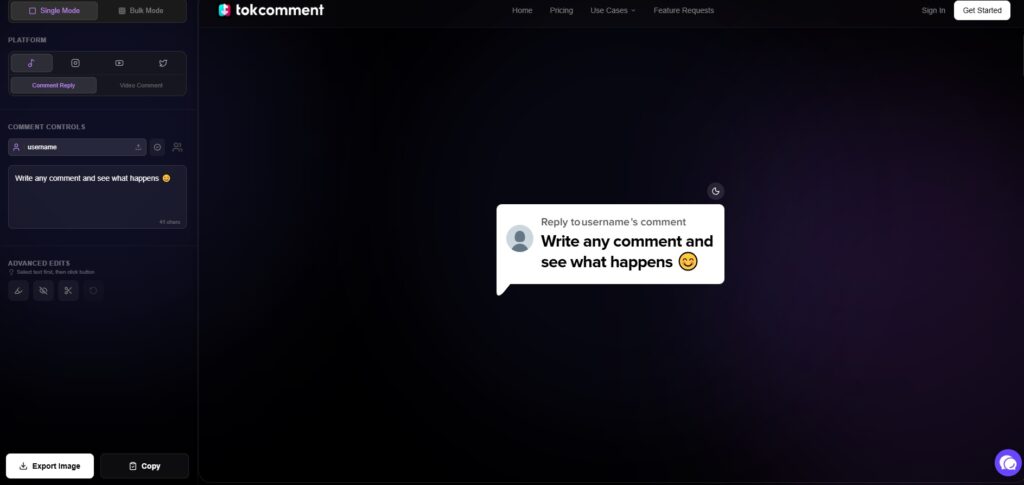 TokComment – Generador de comentarios realistas para TikTok, Instagram, YouTube y X
