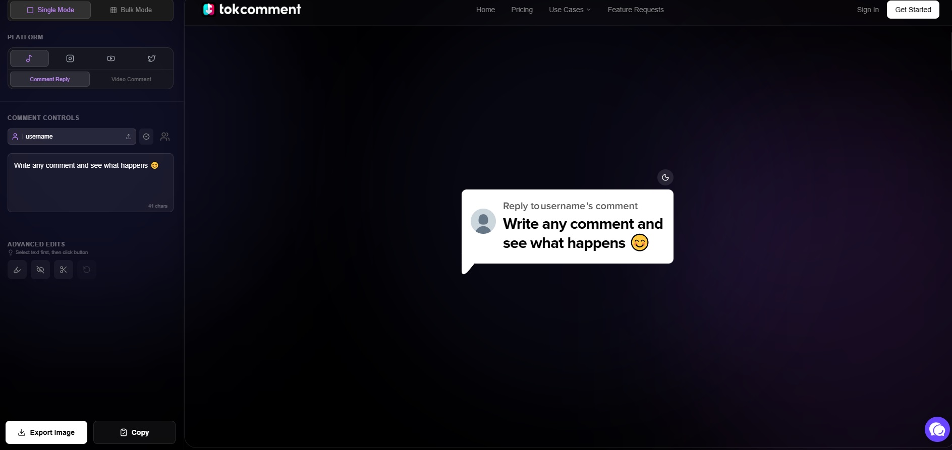 TokComment – Generador de comentarios realistas para TikTok, Instagram, YouTube y X