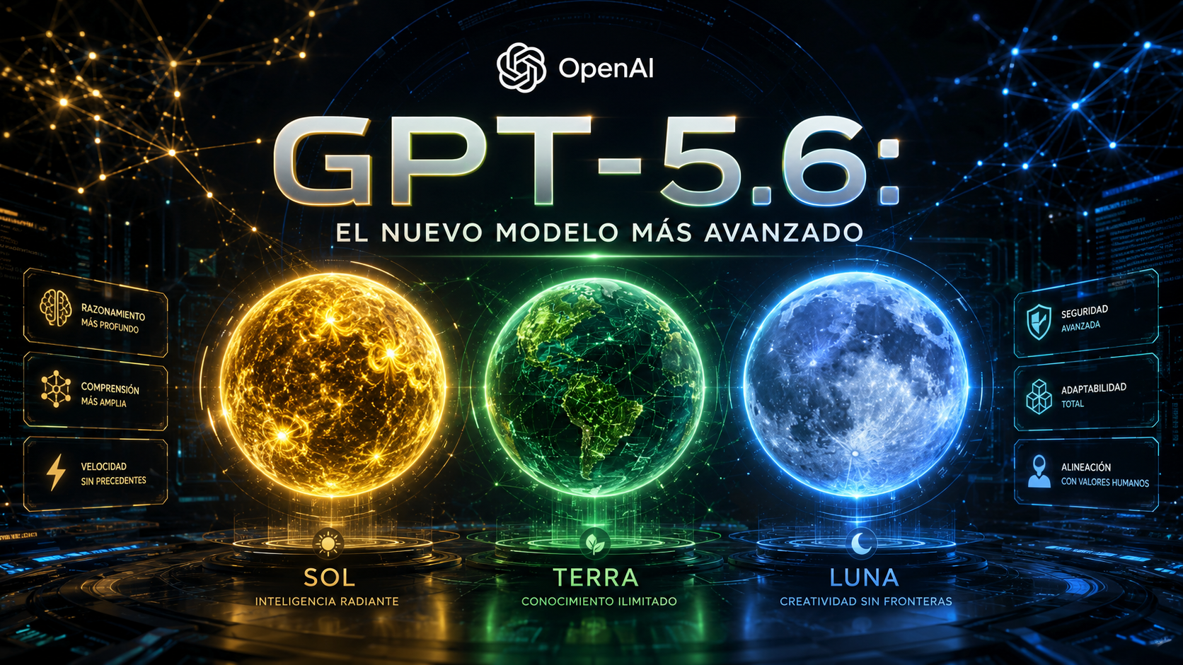 GPT-5.6 de OpenAI - Nuevo modelo más avanzado con tres versiones: Sol, Terra y Luna. Fondo tecnológico futurista con esferas luminosas representando cada versión.
