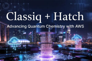 Colaboración entre Classiq y Hatch en Singapur usando AWS para avanzar en química cuántica-clásica. Imagen futurista de laboratorio cuántico con nubes y skyline de Singapur.