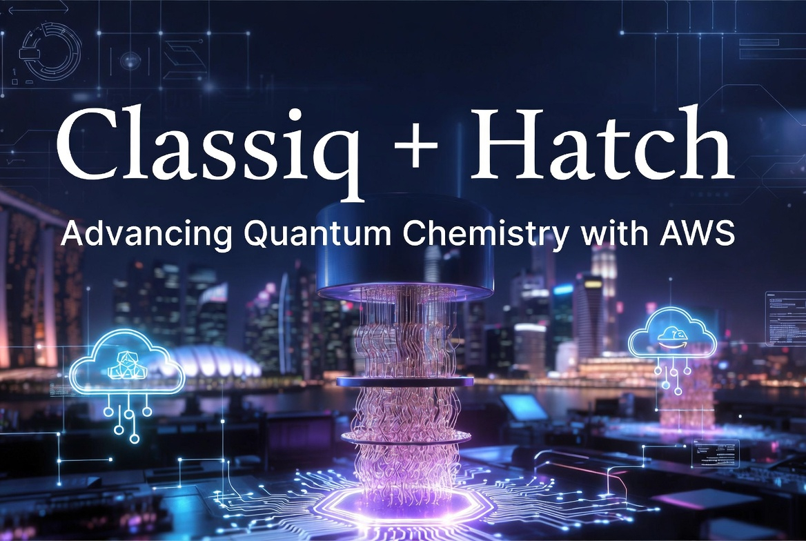 Colaboración entre Classiq y Hatch en Singapur usando AWS para avanzar en química cuántica-clásica. Imagen futurista de laboratorio cuántico con nubes y skyline de Singapur.