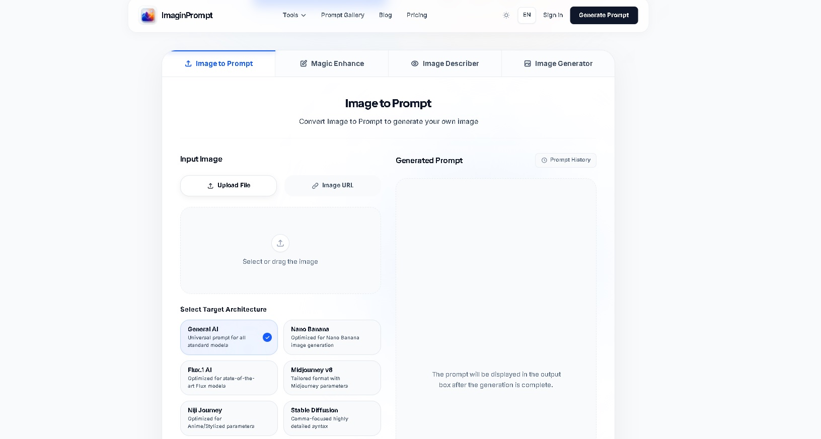 ImaginPrompt - Generador de prompts desde imágenes con IA para Midjourney y DALL-E