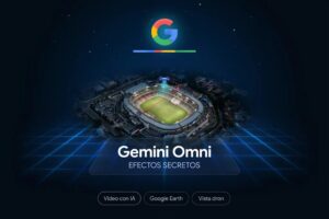 Imagen destacada del artículo sobre Google Gemini Omni: mapa satelital 3D de Google Earth con ruta de dron marcada en rojo apuntando hacia un estadio de fútbol, con el logo de Google Gemini y el texto "Efectos Secretos – Crea vídeos de dron con IA"