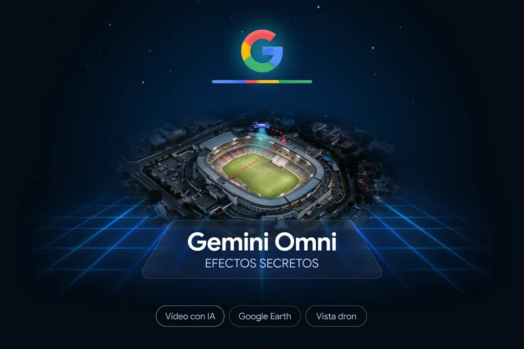Imagen destacada del artículo sobre Google Gemini Omni: mapa satelital 3D de Google Earth con ruta de dron marcada en rojo apuntando hacia un estadio de fútbol, con el logo de Google Gemini y el texto "Efectos Secretos – Crea vídeos de dron con IA"