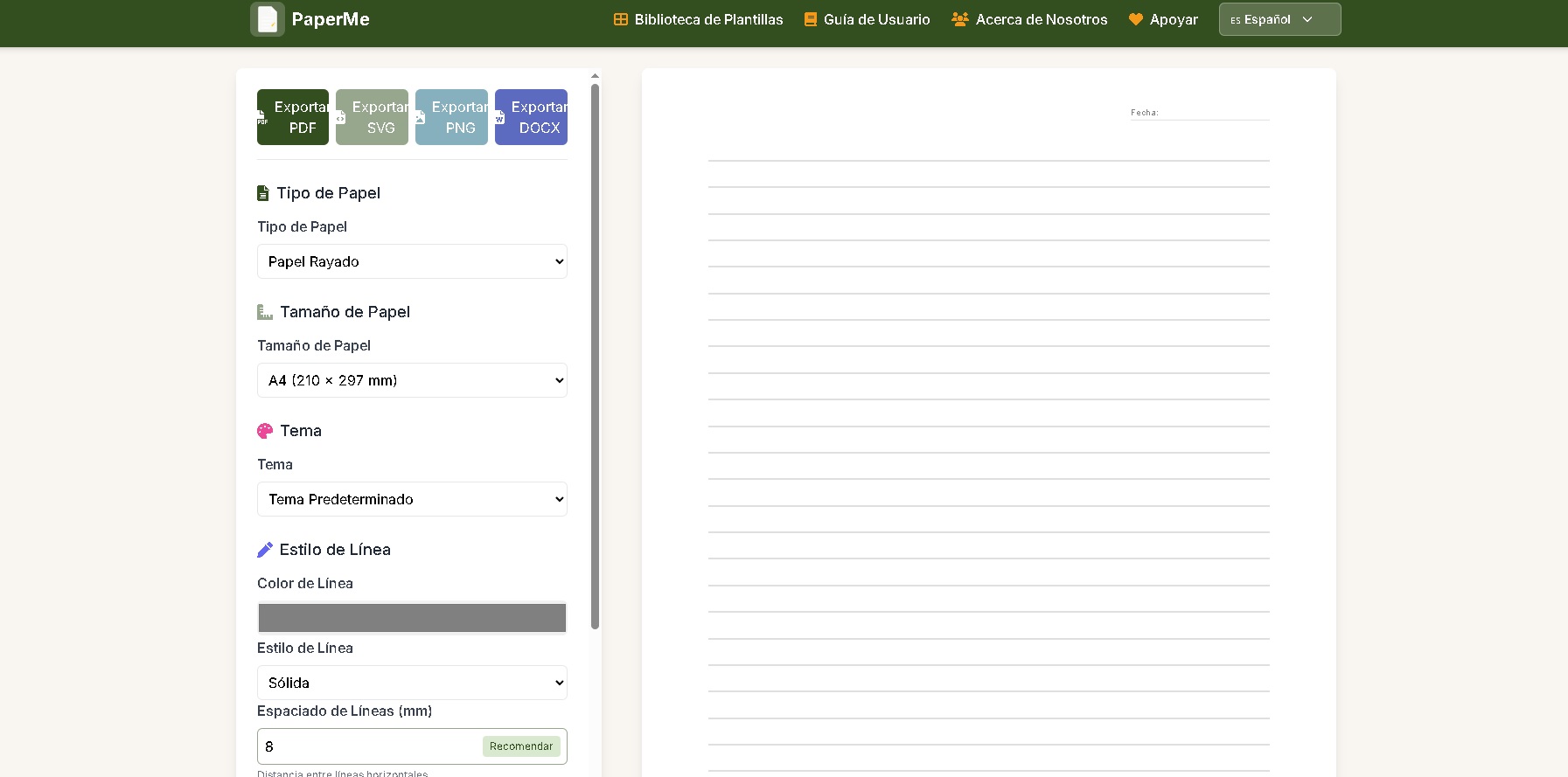 PaperMe - Generador gratuito de papel rayado, cuadriculado, musical y plantillas personalizadas para imprimir