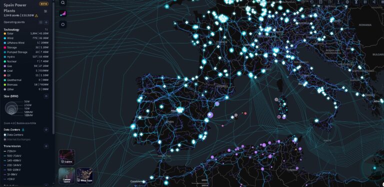 OpenGridWorks - Plataforma para explorar un mapa interactivo de la red eléctrica mundial, filtrando por tipo de energía y tipo de mapa