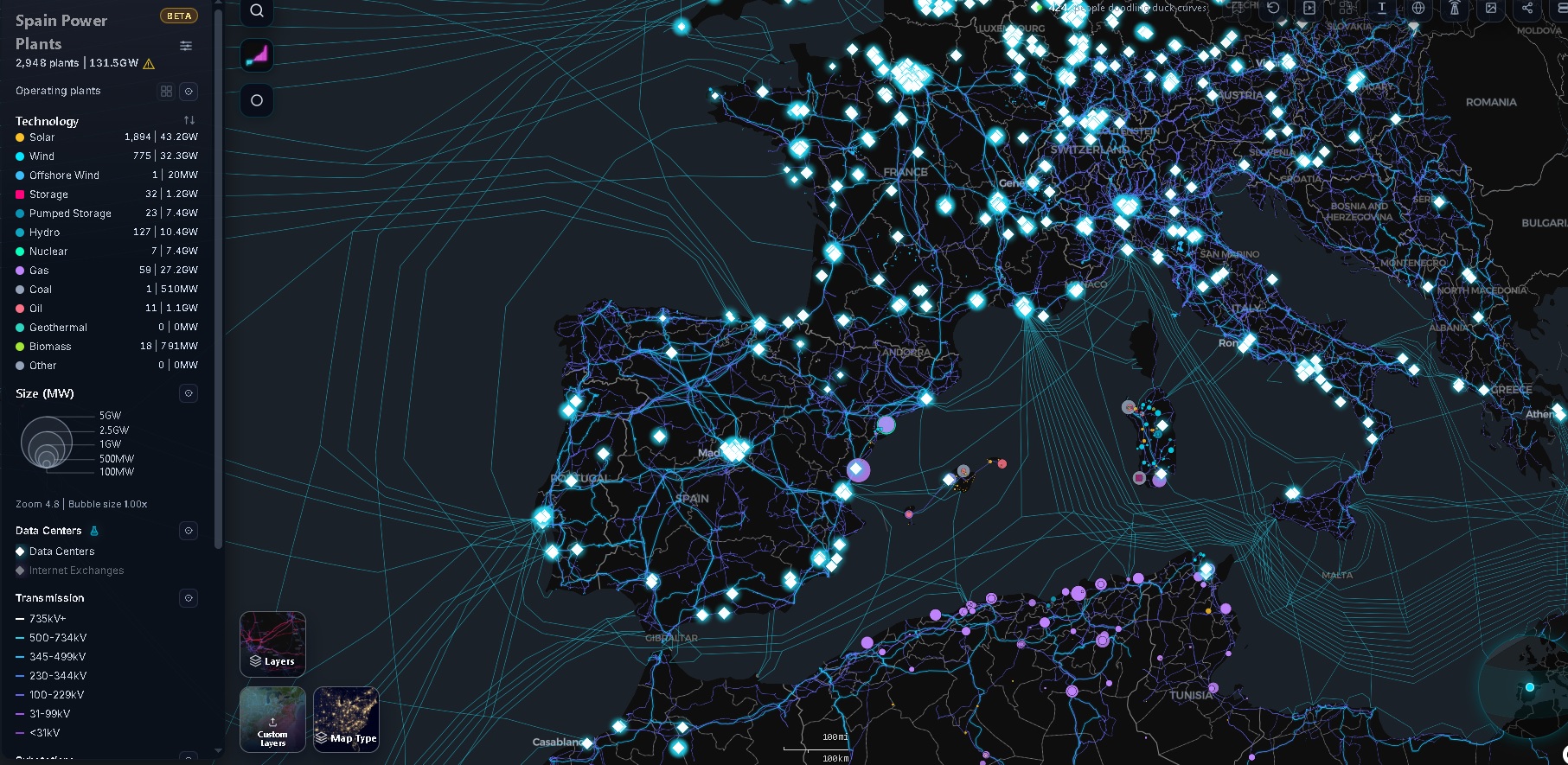 OpenGridWorks - Plataforma para explorar un mapa interactivo de la red eléctrica mundial, filtrando por tipo de energía y tipo de mapa