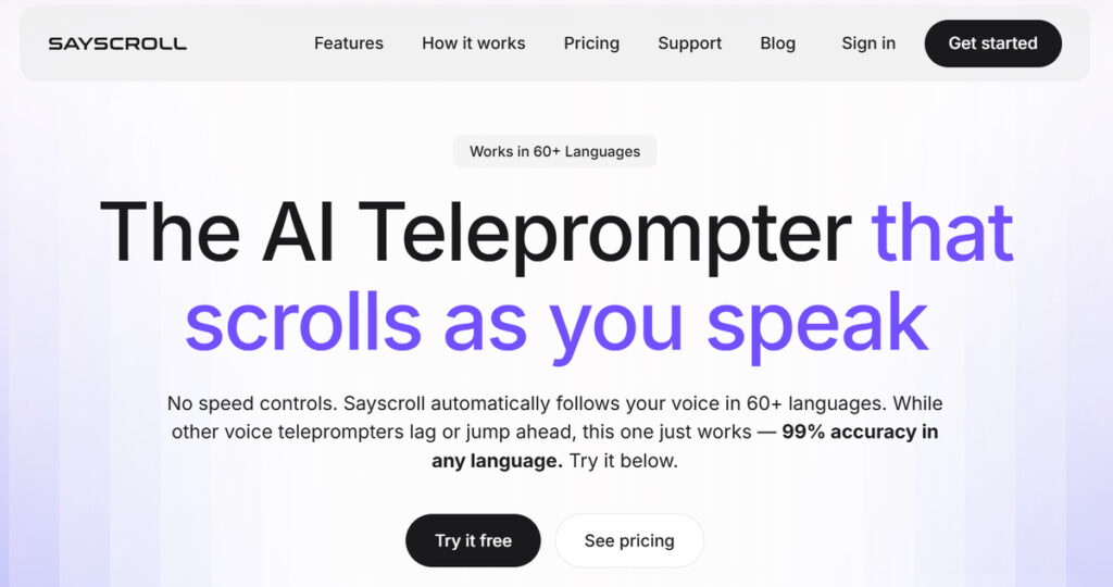Sayscroll - Teleprompter con IA que avanza automáticamente siguiendo tu voz en tiempo real.