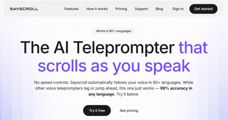 Sayscroll - Teleprompter con IA que avanza automáticamente siguiendo tu voz en tiempo real.