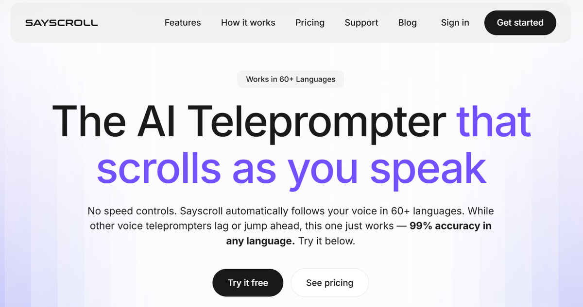Sayscroll - Teleprompter con IA que avanza automáticamente siguiendo tu voz en tiempo real.