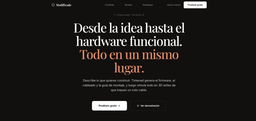 Tinkered AI - Plataforma de IA para generar firmware, cableado y simulación 3D de proyectos de hardware.