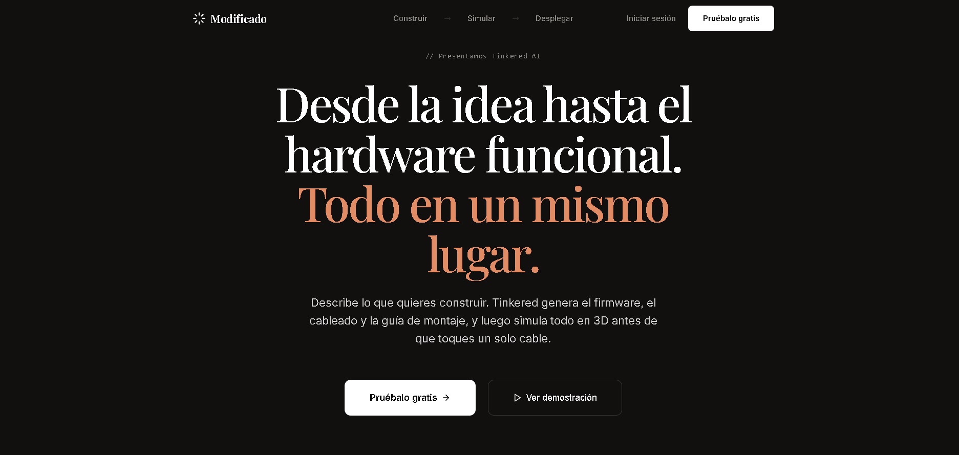 Tinkered AI - Plataforma de IA para generar firmware, cableado y simulación 3D de proyectos de hardware.