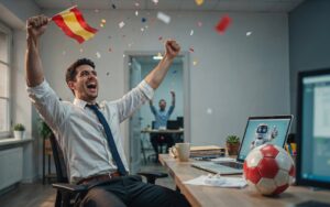 Un trabajador español celebra con una bandera de España frente a una IA que predice el día libre si gana el Mundial 2026