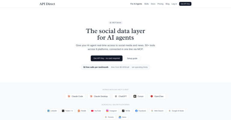 API Direct - Servidor MCP que conecta agentes de IA con datos en tiempo real de redes sociales y noticias.