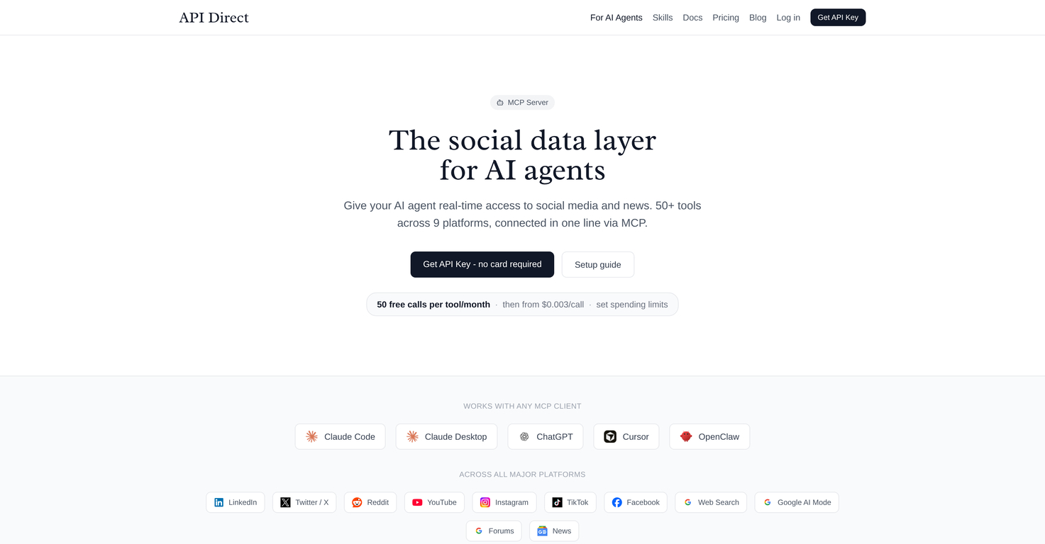 API Direct - Servidor MCP que conecta agentes de IA con datos en tiempo real de redes sociales y noticias.
