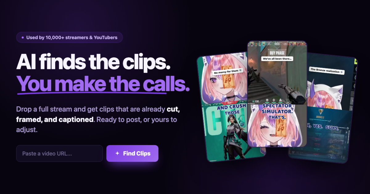 ClipFinder - Herramienta de IA que extrae clips virales de streams y VODs largos para YouTube Shorts y TikTok