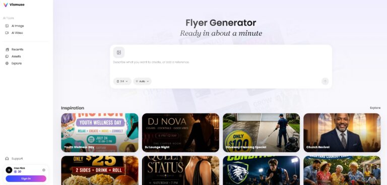 Vismuse AI Flyer Generator - Herramienta para crear flyers profesionales con inteligencia artificial en minutos.