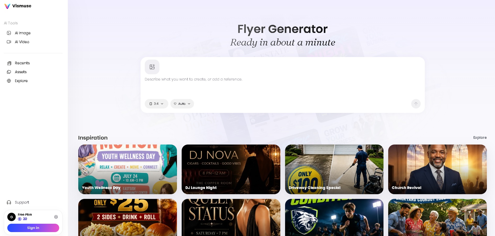 Vismuse AI Flyer Generator - Herramienta para crear flyers profesionales con inteligencia artificial en minutos.
