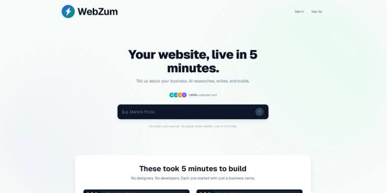 WebZum - Constructor de sitios web con inteligencia artificial que genera páginas profesionales para negocios en 5 minutos.