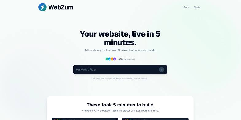 WebZum - Constructor de sitios web con inteligencia artificial que genera páginas profesionales para negocios en 5 minutos.