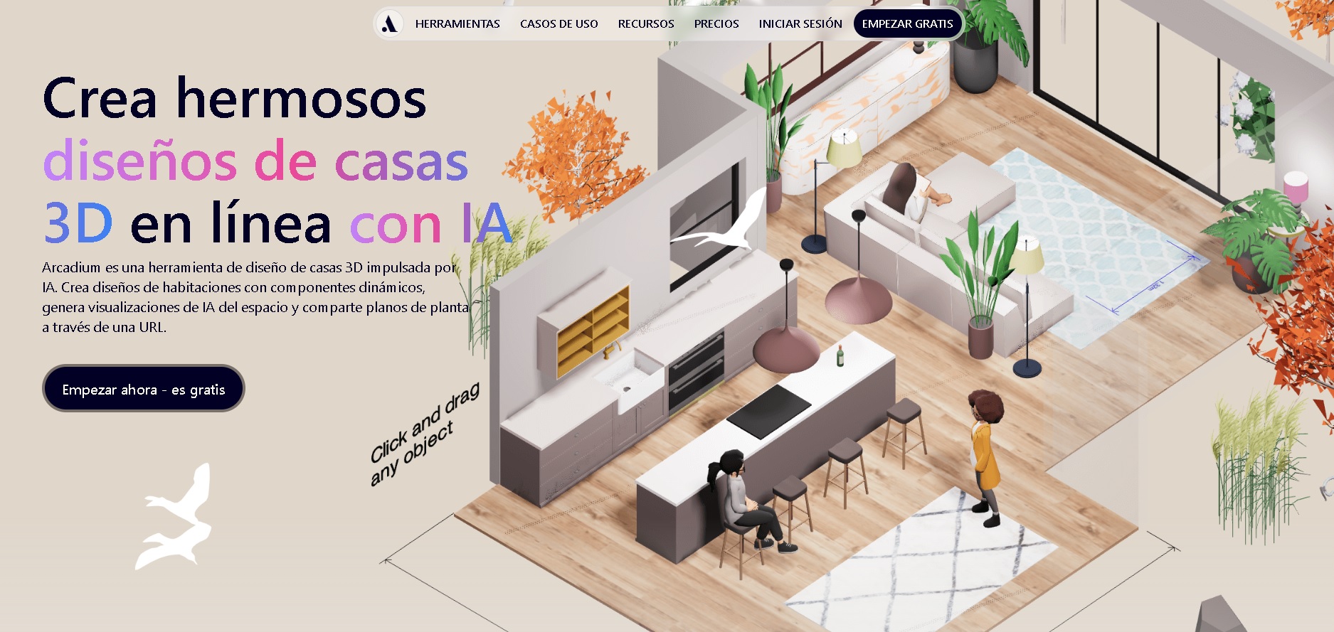 Página principal de Arcadium3D.com mostrando su interfaz de diseño de casas y espacios en 3D con visualizaciones generadas por IA