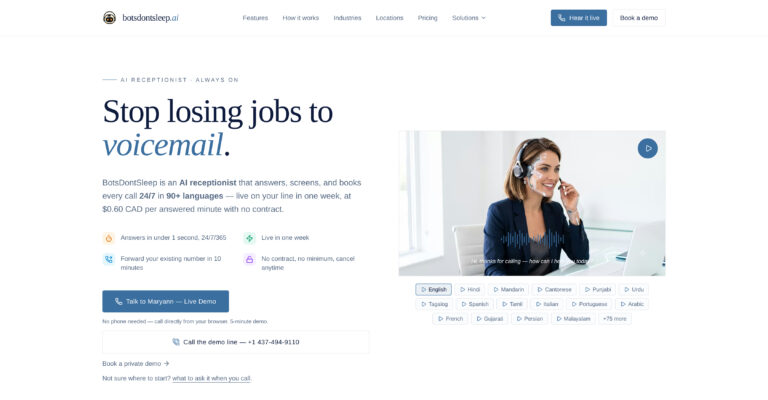 BotsDontSleep.ai mostrando su recepcionista virtual con IA que contesta llamadas 24/7, agenda citas y atiende en 90+ idiomas para negocios
