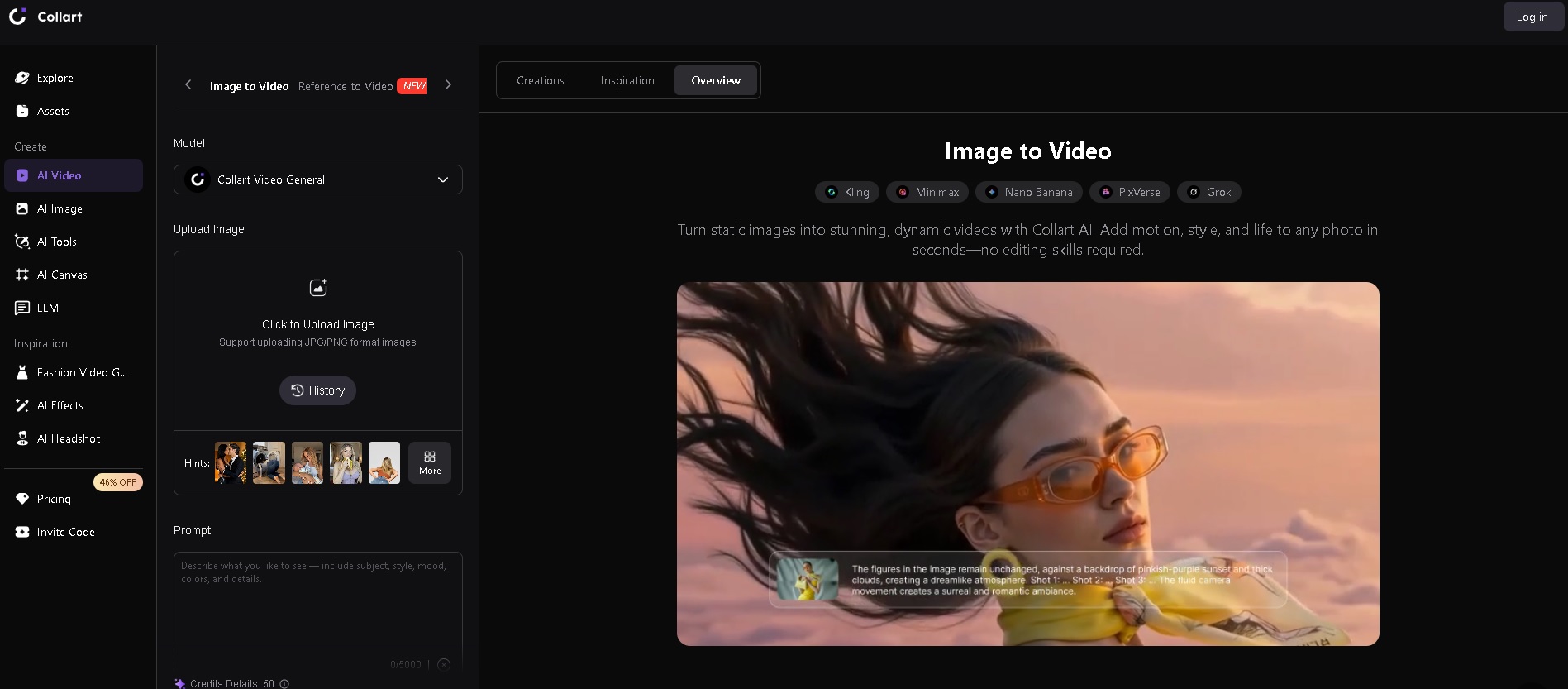 Collart - Plataforma para convertir imágenes estáticas en videos dinámicos con IA, añadiendo movimiento y efectos visuales