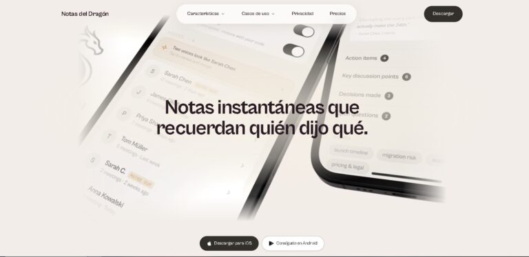 Página principal de DragonNotes.com mostrando su app de notas instantáneas de reuniones y conversaciones con enfoque en privacidad y contexto a través del tiempo