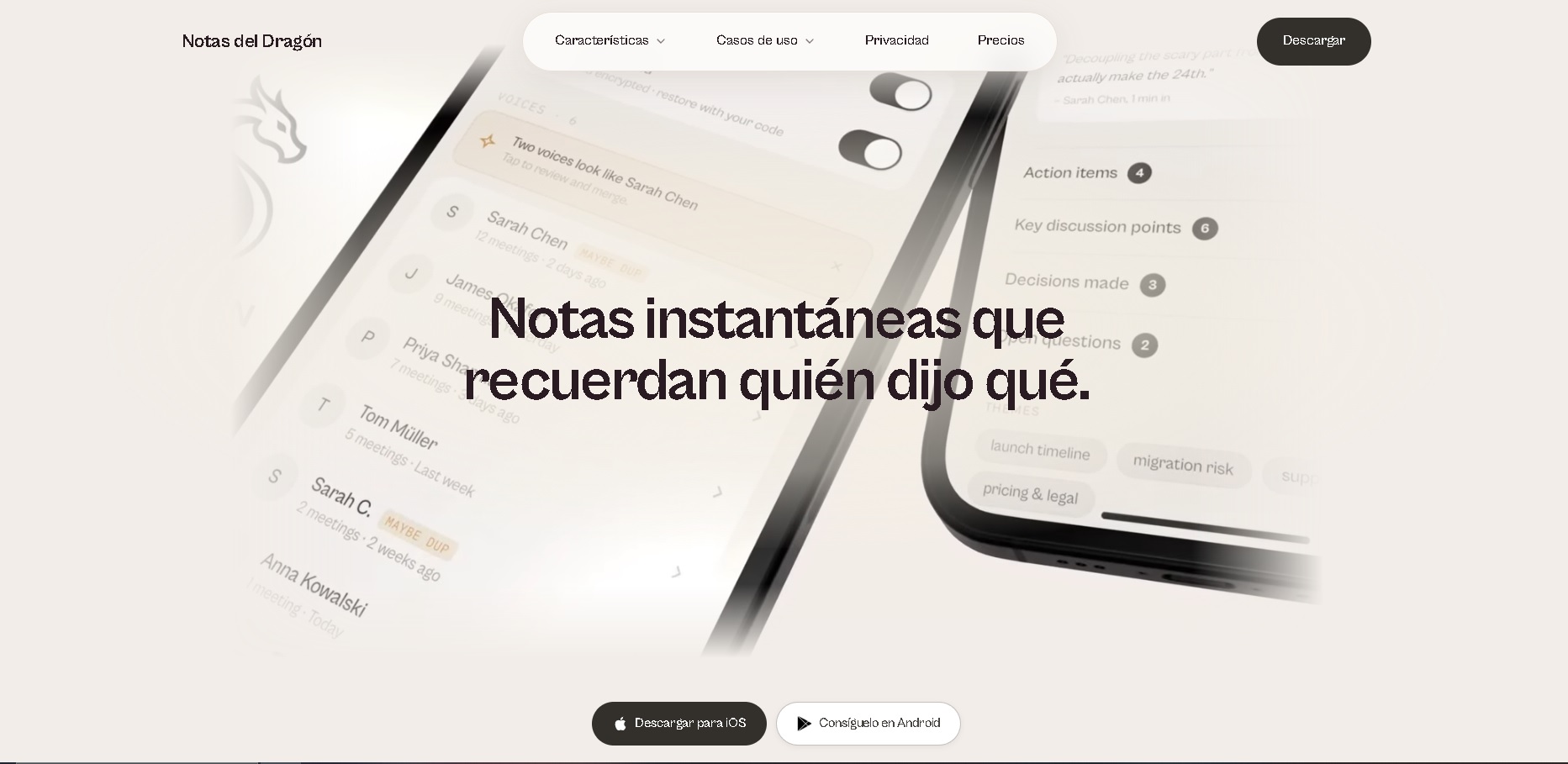 Página principal de DragonNotes.com mostrando su app de notas instantáneas de reuniones y conversaciones con enfoque en privacidad y contexto a través del tiempo