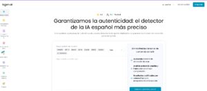 Página principal de Isgen.ai mostrando su interfaz de detector de contenido IA con análisis detallado en español y múltiples idiomas